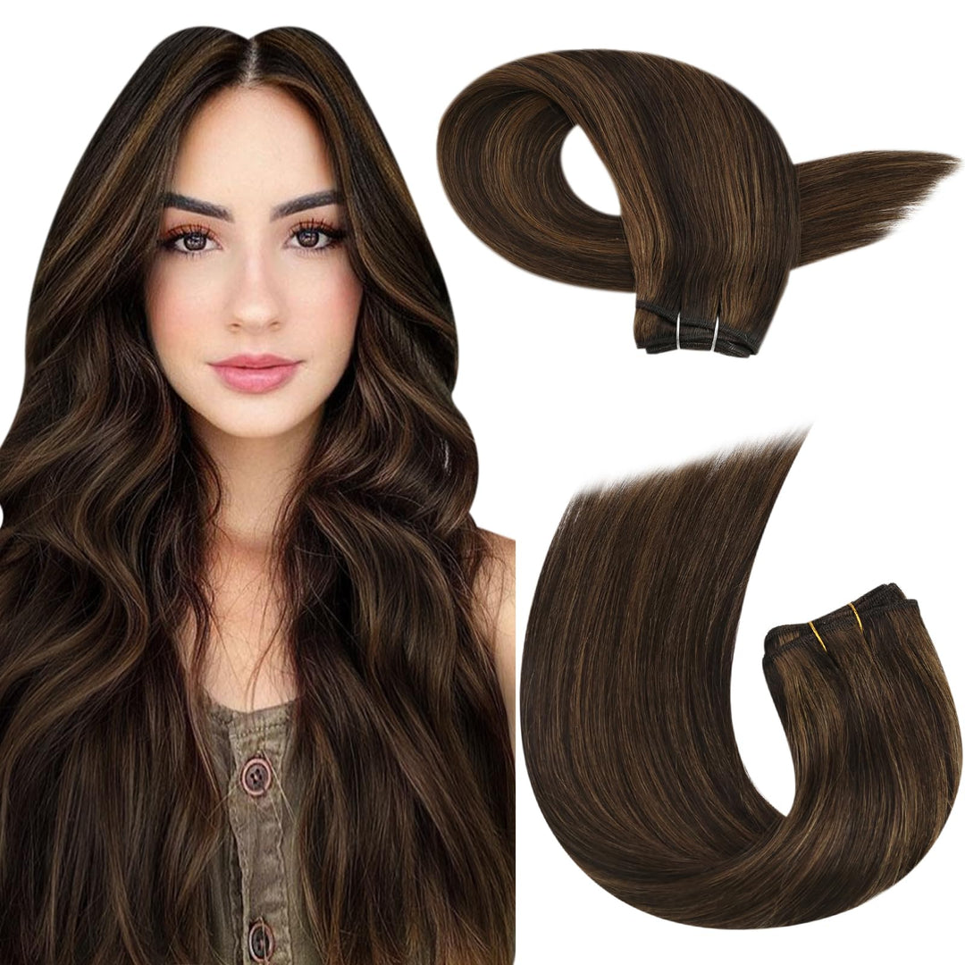 Moresoo Weft Hair Extensions Human Hair Highlight Brown Remy Double Weft Sew In Hair Extensions Real Human Hair Darkest Brown Wi