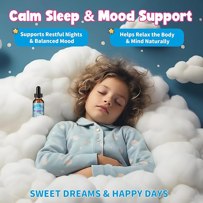Kids Magnesium Glycinate Liquid Drops with L-Threonate, Omega-3, Ashwagandha, Vitamin B6, D3, K2, Calcium & Chamomile - Magnesium Drops for Kids Sleep, Calm, Focus, Brain & Mood - Strawberry Flavor