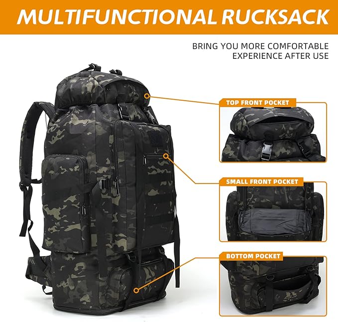 70L/100L Hiking Camping Backpack MOLLE Rucksack Waterproof Daypack for Traveling (Black CP)