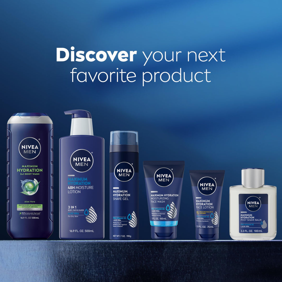 NIVEA MEN Maximum Hydration Body Wash for Dry Skin, Aloe Vera Enriched, 3-in-1 Moisturizing Body Wash, Face and Hair, Paraben Free, Vegan Formula, 30 Fl Oz Bottle