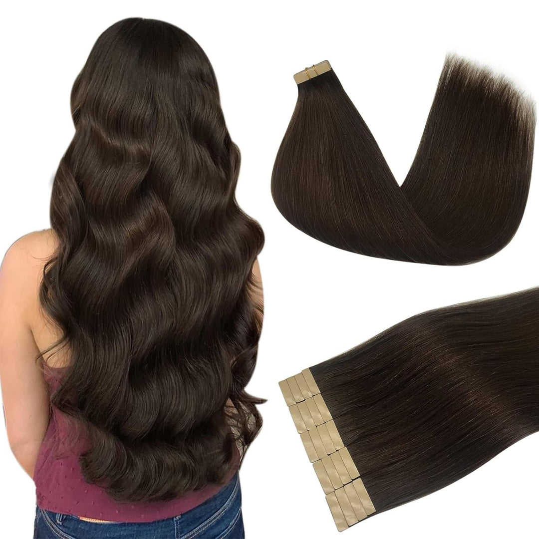 DOORES Human Hair Extensions, Light Dark Brown 20 Inch 50g 20pcs, Tape in Hair Extensions Remy Straight Hair for Women Double Side Tape in Hair Extensions