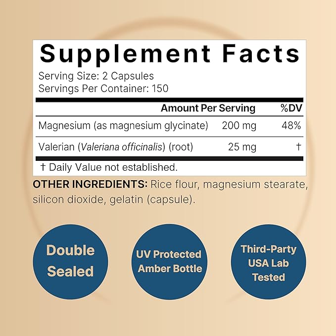 Pure Magnesium Glycinate for Sleep, 200mg with Valerian Root, 300 Capsules | 100% Chelated & Purified Mineral Supplement – Ultra High Absorption – Non-GMO, Gluten Free