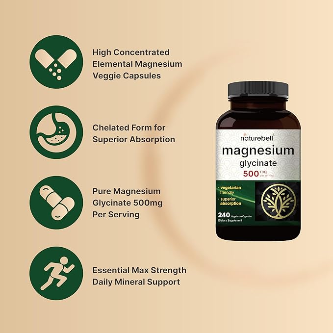 Magnesium Glycinate 500mg, 240 Veggie Capsules | 100% Chelated & Purified Mineral Supplement – Non-GMO, Gluten Free