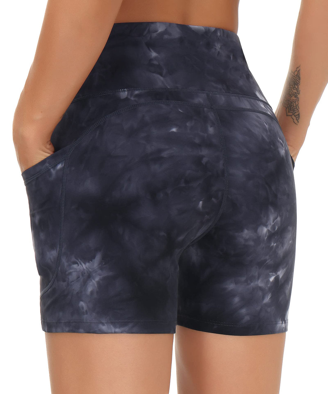 THE GYM PEOPLE High Waist Yoga Shorts for Women Tummy Control Fitness Athletic Workout Running Shorts with Deep Pockets (Small, Tie Dye Black Grey)