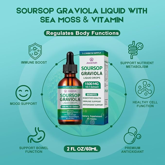 Soursop Graviola Liquid Drops Supplement with Sea Moss Extract, Soursop Bitters Liquid for Cell Support & Regeneration, Immunity, Liver, Antioxidant, Graviola Leaves Extract 2 Month Supply 60ML