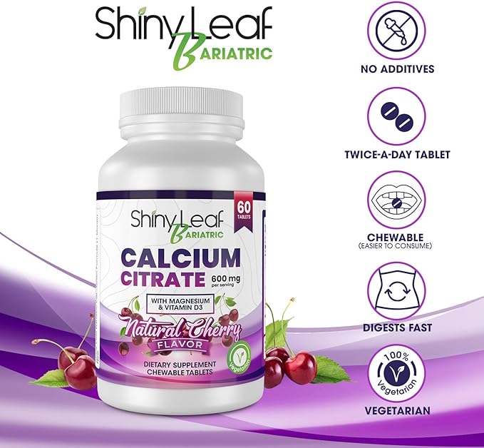 Shiny Leaf Bariatric Calcium Citrate Chews - 600mg, with Vitamin D 3 Plus Magnesium - Chewable Supplements for Women and Men, Bariatric Patients Vitamins for Bone and Joints Health, 120 Count, Cherry