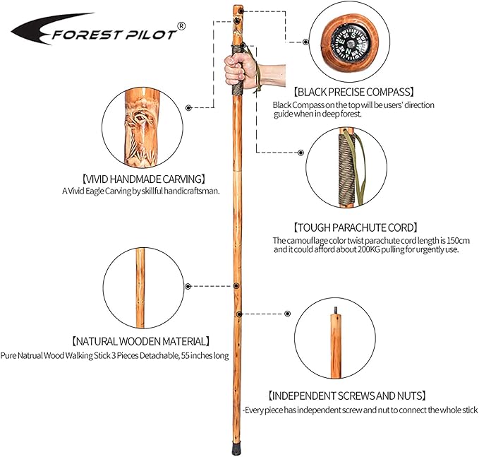 3pc Detachable Fir Wood Walking Stick for Hiking with Compass 55 Inches - with Animal Carving - Soft Hand Strap - Rubber Tip Cover