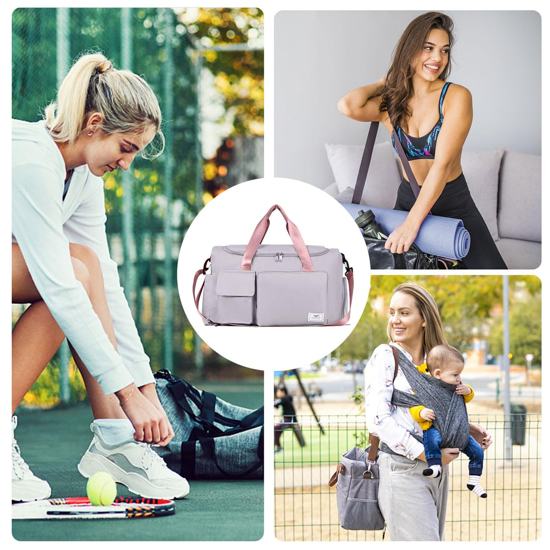 FIORETTO Women's Water-Resistant Gym Duffle Bag with Shoes Compartment, 37L Capacity, Multi-Functional, Ideal for Travel, Gym, Sports, Weekender, with Toiletry Bag, Grey & Pink