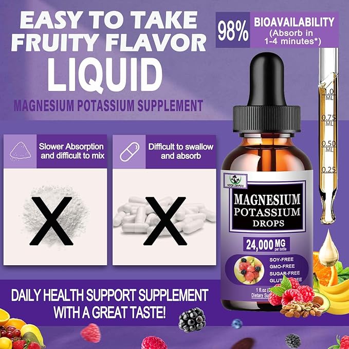 Magnesium Glycinate with Potassium Supplement,Liquid Magnesium Glycinate 500mg Potassium Citrate 500mg, Magnesium Liquid Drops for Vascular, Bone, Heart, Muscle & Nerve Health,Non-GMO,Vegan