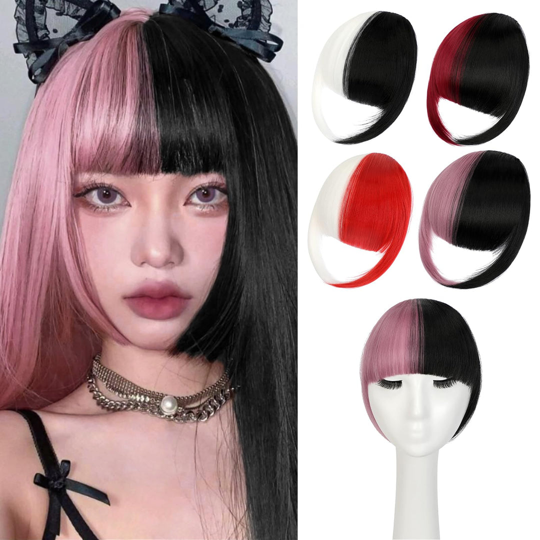 Cephermer Clip in Bangs, Synthetic French Bangs Hair Clip, Fake Bangs Fringe with Temples Hairpieces for Women Natural Curved Hair Extensions for Daily Wear Black mix Pink