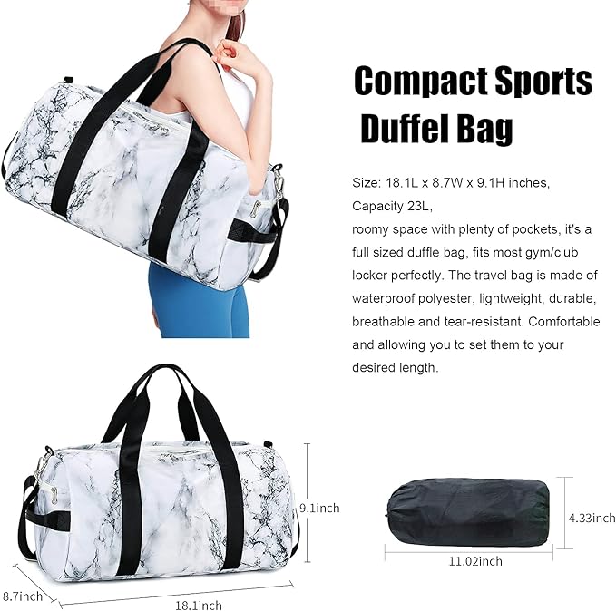 Sport Gym Duffle Travel Bag for Men Women Duffel with Shoe Compartment, Wet Pocket (Marble-White) 19.7"x9.5"x9.9"
