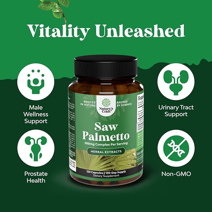 Natures Craft Extra Strength Saw Palmetto Extract - Advanced Saw Palmetto for Women and Men's Hair Health and Urinary Support with Plant Sterols & Flavonoids - Potent Herbal Supplement 120 Capsules
