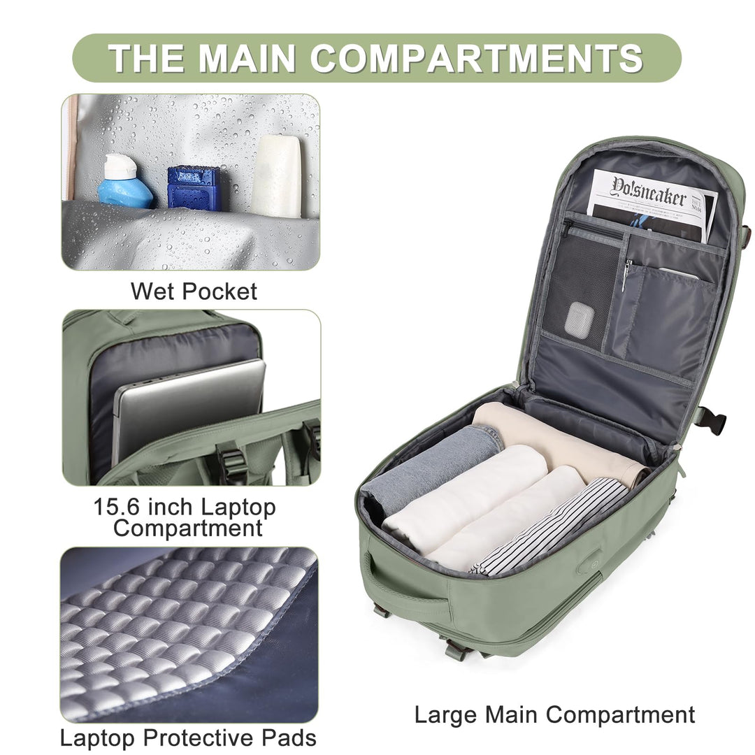 coofay Large Travel Backpack For Women Men Airline Approved Carry On Backpack Flight Approved Waterproof Sports Luggage Backpack Casual Daypack Small Hiking Backpack Grey Green