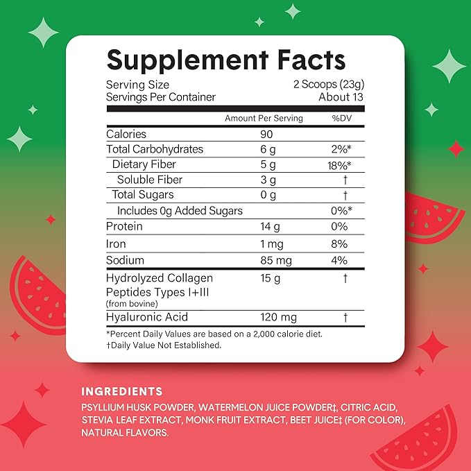 Bellway Super Fiber Powder + Collagen, Sugar-Free Psyllium Husk Powder with Collagen Peptides and Hyaluronic Acid for Gut Health, Healthy Skin, Nails, Bones & Joints, Watermelon (10.6 oz)