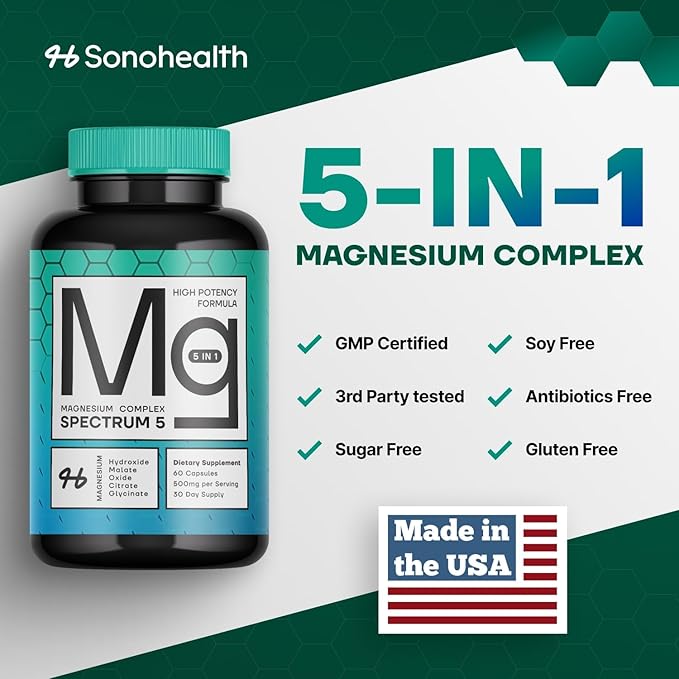 5-in-1 Magnesium Complex Spectrum 5 | 500mg of Magnesium Glycinate, Malate, Citrate, Oxide & Hydroxide for Muscles, Nerves, & Energy | High Absorption | Vegan, Non-GMO | 60 Capsules