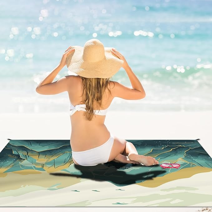 Beach Blanket Waterproof Sandproof Large Beach Mat 79" X 83" for 2-4 Adults Sand Free Mat Quick Drying,Lightweight & Durable with 4 Stakes & 4 Corner Pockets for Beach Travel Camping.(Mountain)