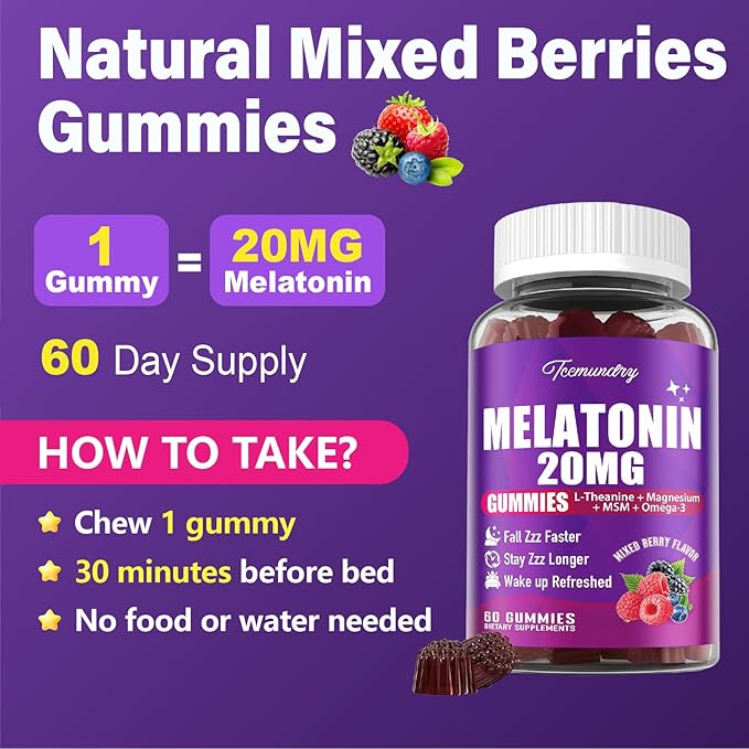Melatonin Gummies 20mg for Adults - Maximum Strength Melatonin Gummies with L-Theanine, Magnesium, Omega-3, MSM, D3 & Zinc - Non-Habit Forming, Vegan, Non GMO, Natural Mixed Berry Flavor