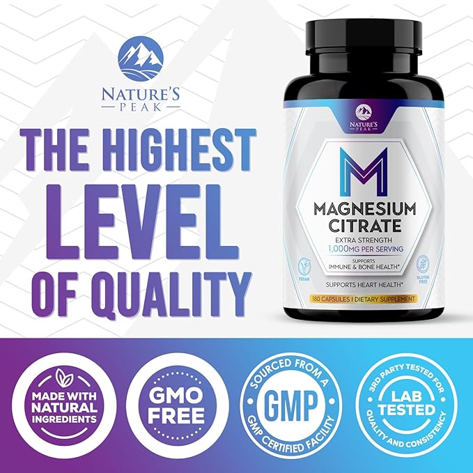 Magnesium Citrate Extra Strength 1000 mg - High Absorption Magnesium Supplement for Muscle, Bone, Nerve & Heart Health Support, Magnesio Vitamin Pills, Non-GMO, Nature's Premium Formula - 180 Capsules