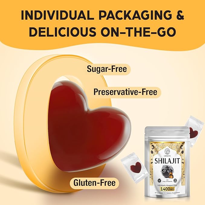 1400 MG Shilajit Gummies, Shilajit Pure Himalayan Organic Gummies with Ashwagandha, Himalayan shilajit for Men, 85+ Trace Minerals & Fulvic Acid, Individually Wrapped, Sugar-Free, 60 Counts