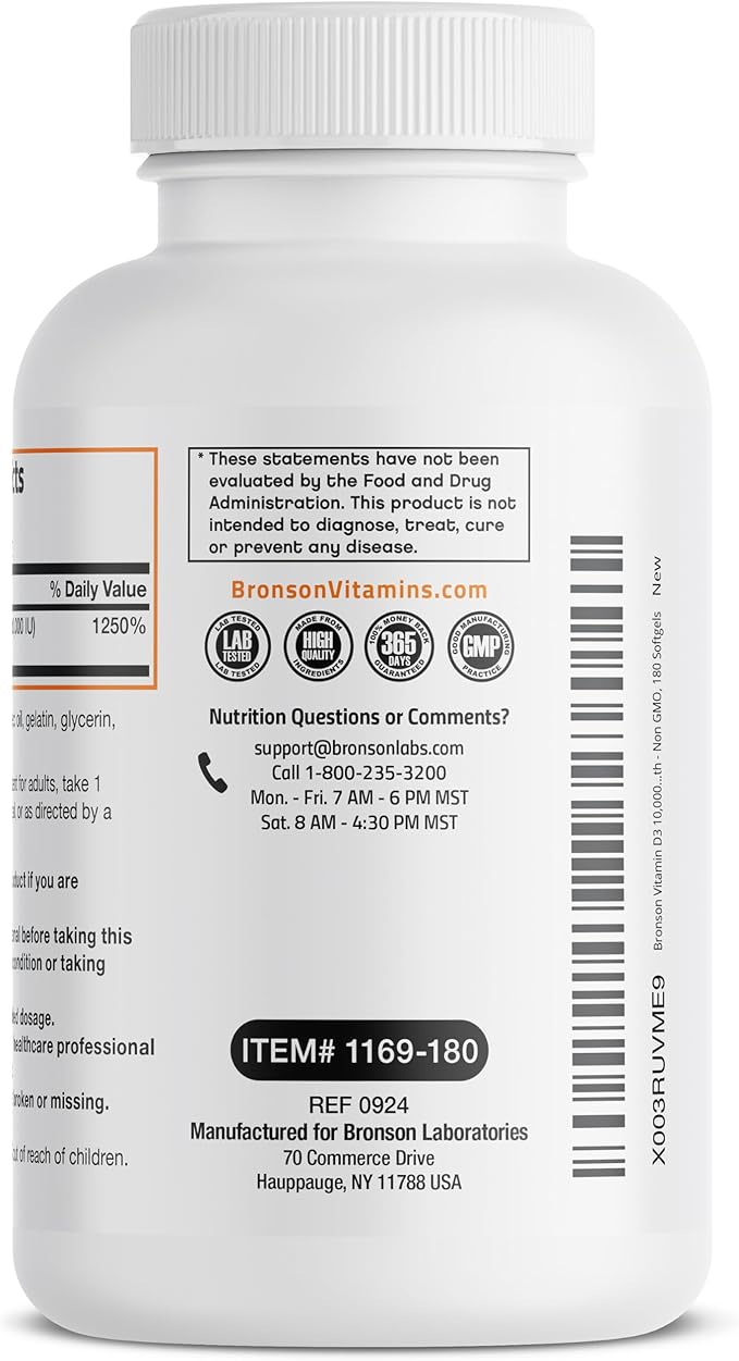 Bronson Vitamin D3 10,000 IU (250 mcg) High Potency - Supports Healthy Immune System, Strong Bones, Muscles & Teeth - Non GMO, 180 Softgels