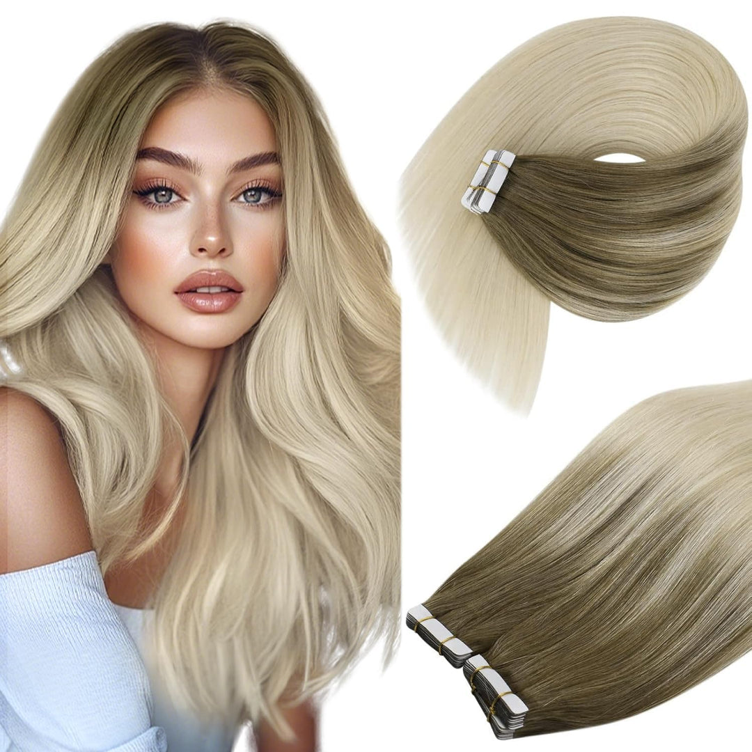 Ve Sunny Ombre Tape ins Human Hair Extensions Short Tape in Hair Extensions Human Hair Light Brown Ombre Platinum Blonde Tape in Extensions Human Hair Ombre Blonde 20pcs 30g 12inch