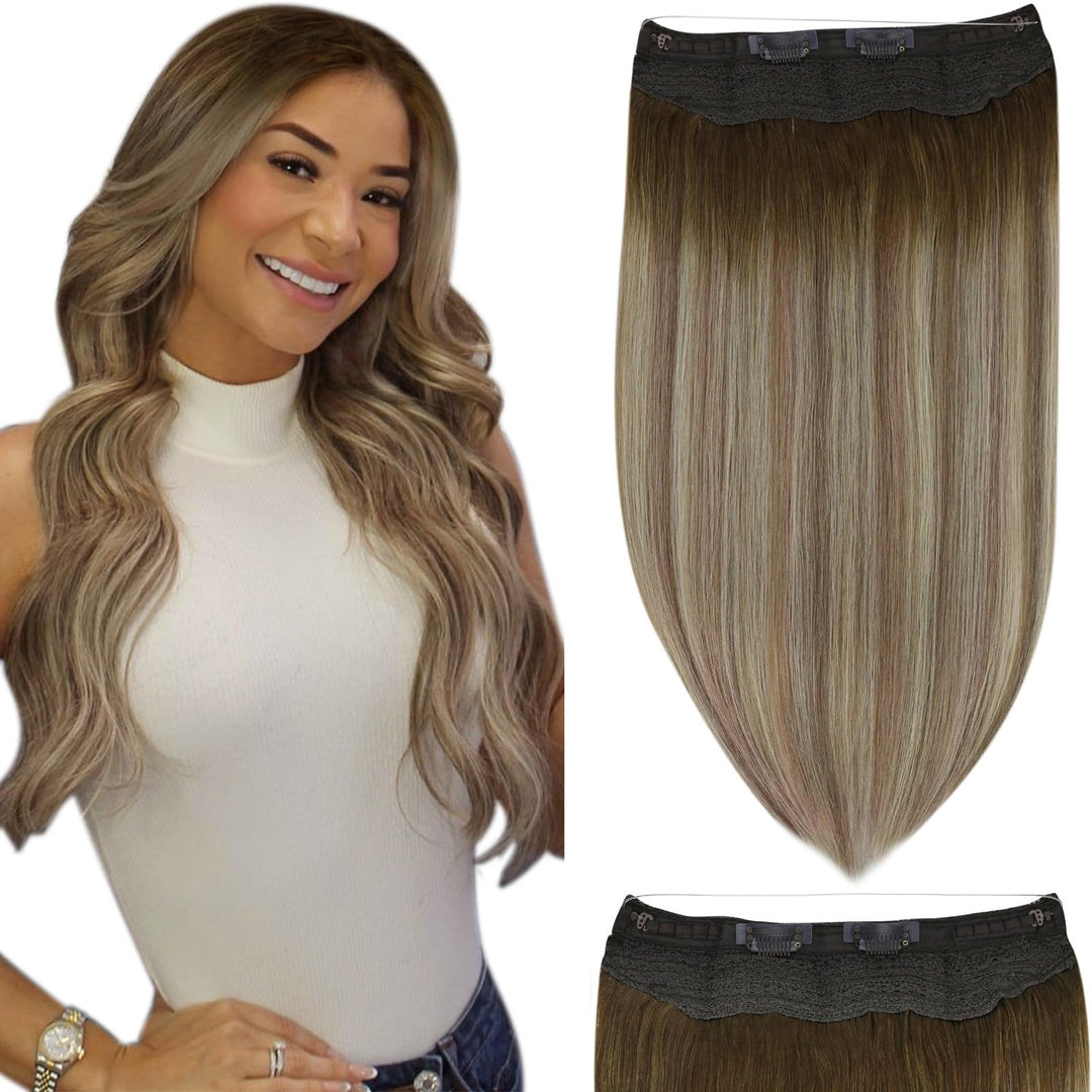 Fshine Wire Human Hair Extensions 14 Inch Secret Headband Invisible Wire Hair Extensions Balayage Walnut Brown To Ash Brown And