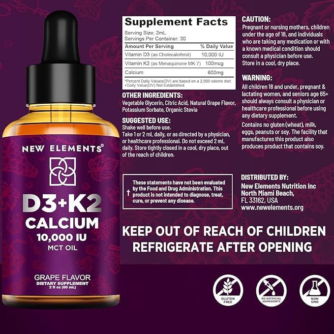 [2 𝐏𝐚𝐜𝐤] Liquid Vitamin D3 K2 Drops with Calcium for Adults | Vitamin D3 10,000 IU | D3 K2 with Calcium for Bone Health & Immunity Support | Joint Health Supplement | Non-GMO | Vegan