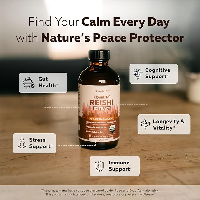 Organic Reishi Mushroom Extract - 70% Beta Glucans - Highest Active Nutrient Levels, Max Potency Cordyceps Tincuture, US Grown + Ultrasonic Extraction - Energy, Immunity, Sleep and Stress - 8 oz.