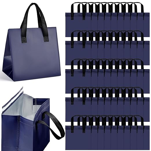 50 Pcs Insulated Take Away Bags Bulk Thermal Insulation Food for Coffee Milk Tea Hot Cold Food Fresh Seafood Cooler Pizza Delivery Bags for Catering Restaurant Grocery (Navy Blue)