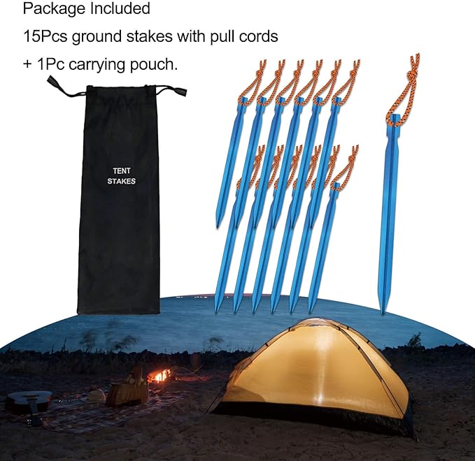 15Pack Tent Stakes, Lightweight Tent Stakes with Pull Rope, 7075 Aluminum Metal Stakes Tent Pegs for Backpacking, Durable Camping Tent Accessories, Blue