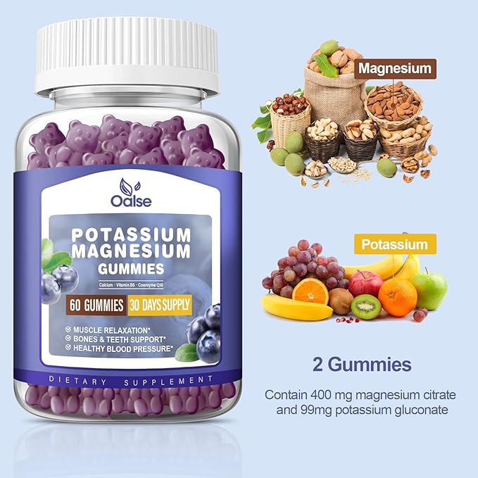 Potassium Magnesium Gummies for Adults Kids, High Absorption Potassium Citrate 99mg Magnesium Citrate 400mg, Chewable Gummy Supplements for Leg Cramps & Heart Health Blueberry 60 Count(Pack of 2)
