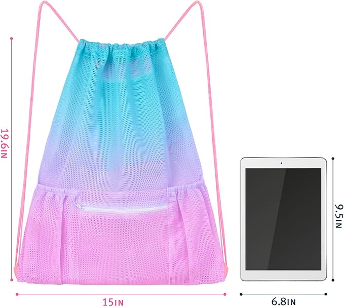 Fiodrimy Mesh Drawstring Backpack Bag Beach Bag with Zipper Pocket Gym Backpack Bag for Swimming Gear Gym Storage Bag for Adult Kids (Pink)