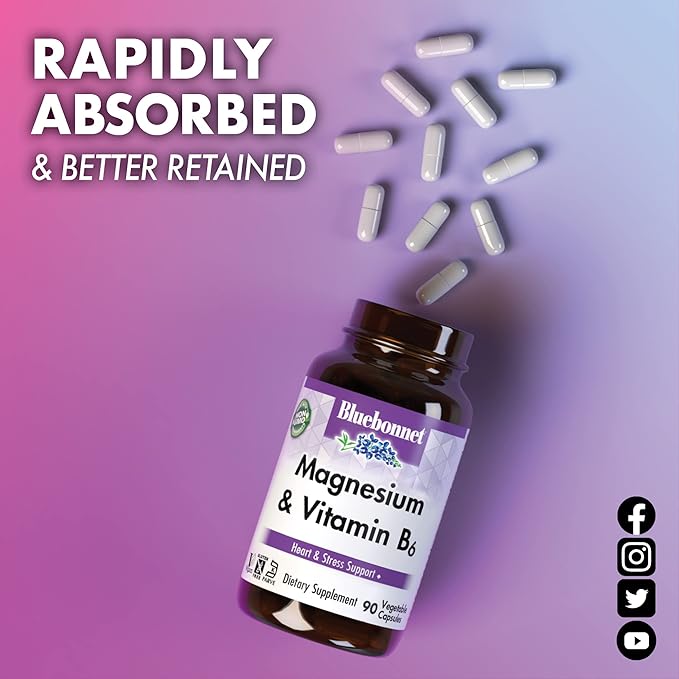 Bluebonnet Nutrition Magnesium & B6 – 400 mg Magnesium Oxide & Aspartate with Vitamin B6 25 mg – Heart & Brain Magnesium Complex for Women & Men* - Non-GMO, Vegan, Gluten-Free - 90 Vegetable Capsules