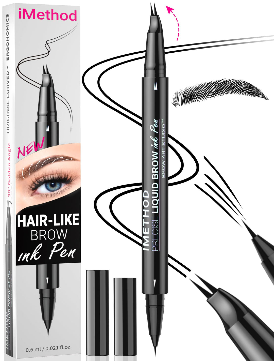 iMethod Curved Eyebrow Pen - Eyebrow Pencil, Brow Pencil 2-in-1 Dual-Ended Microblading Eyebrow Pen with Micro-Fork-Tip and Precise Brush-Tip Create Natural Hair-Like Brows, Last All-Day, Black