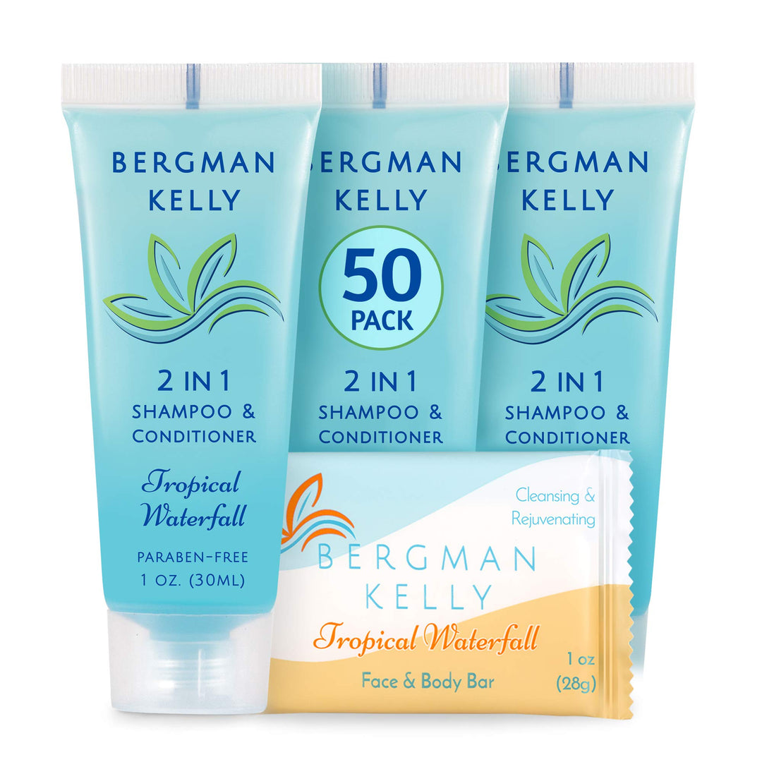 Bergman Kelly Rectangle Soap Bars, 2In1 Shampoo & Conditioner 2-Piece Set (Tropical Waterfall, 1 Oz Ea, 100 Pc), Delight Your Gu