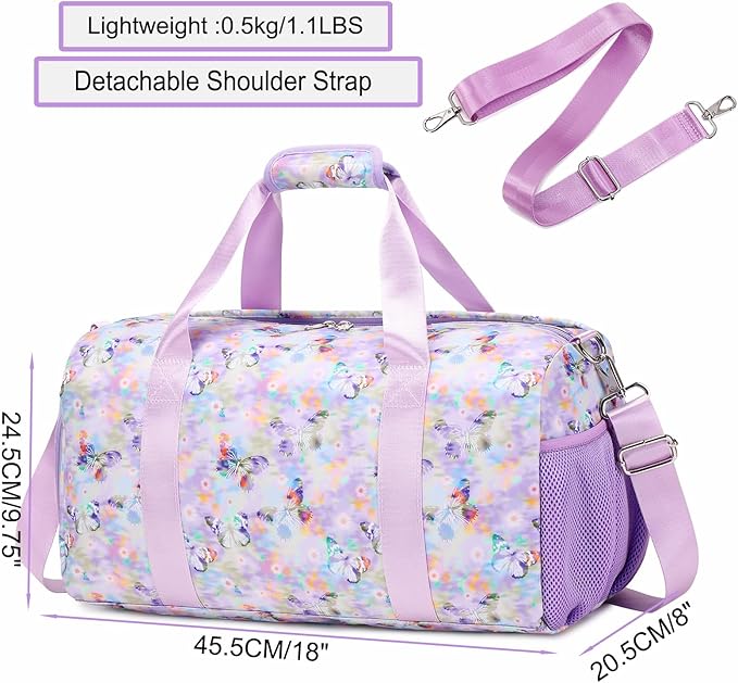 Butterfly Dance Duffel for Girls - Gymnastics, Overnight, Travel & Sleepover Bag with Shoe Compartments