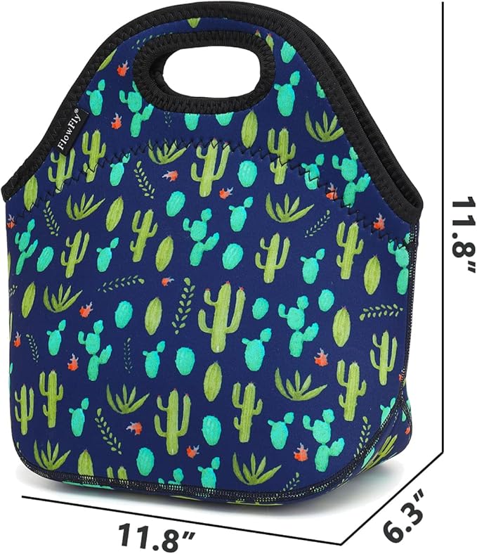 FlowFly Neoprene Lunch Tote Insulated Thermal Reusable Lunch Bag Box for Boys Men with Zipper (Cactus)