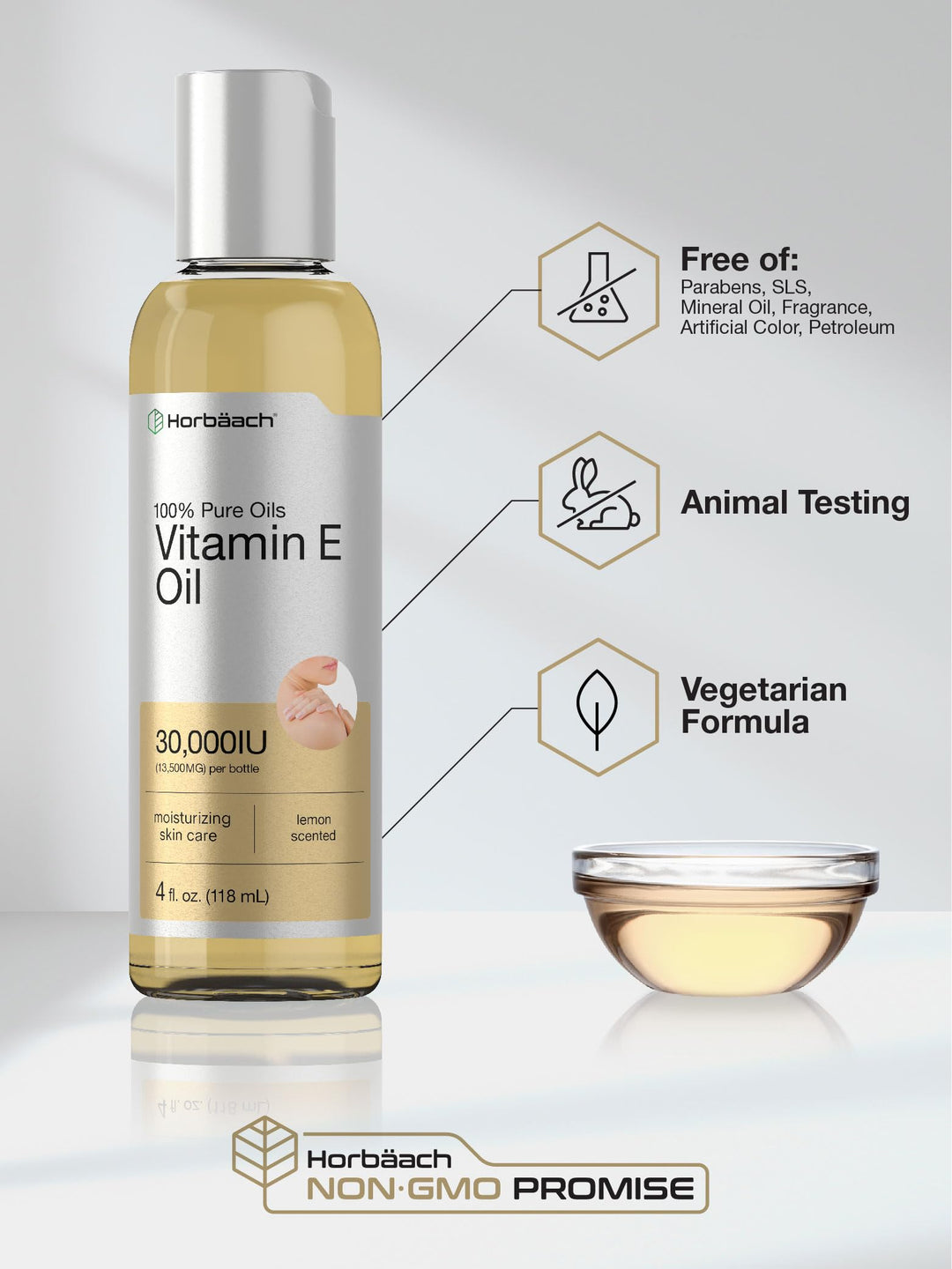 Horbäach Vitamin E Oil For Skin and Face | 30,000 IU | 4 fl oz | 100% Pure Oils | Moisturizing Skin Care | Non-GMO, Vegetarian | Lemon Scented
