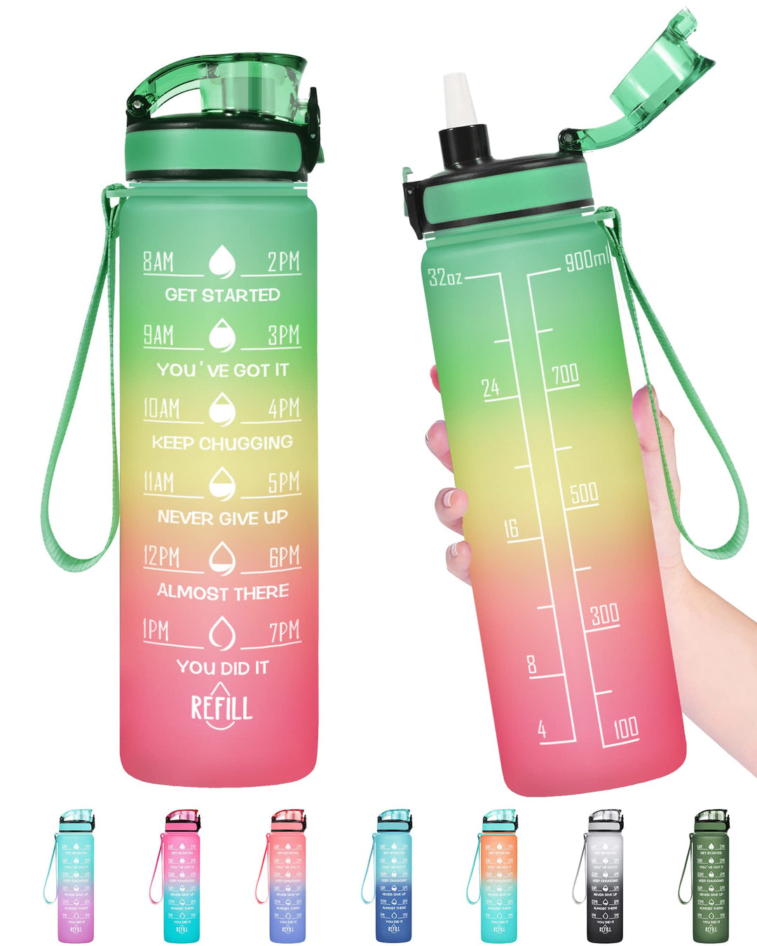 Enerbone 32 oz Water Bottle, Leakproof BPA & Toxic Free, Motivational Water Bottle with Times to Drink and Straw, Fitness Sports Water Bottle with Strap for Office, Gym, Outdoor Sports