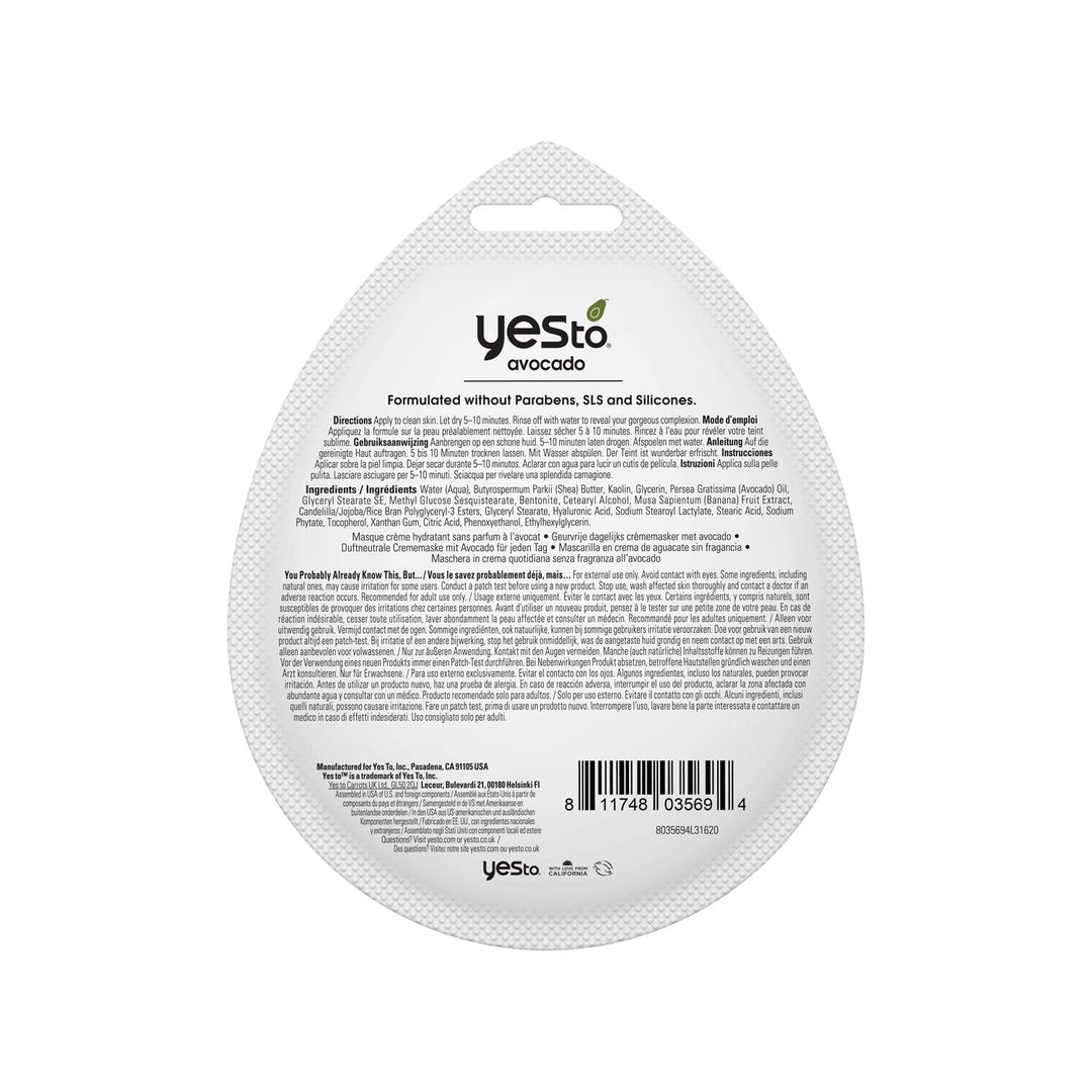 Yes To Avocado Fragrance-Free Hydrating Cream Mask, Pore Purging Formula To Hydrate Dry Skin & Plump Skin, Locks In Moisture, With Antioxidants & Hyaluronic Acid, Natural, Vegan & Cruelty Free, 3-Pack