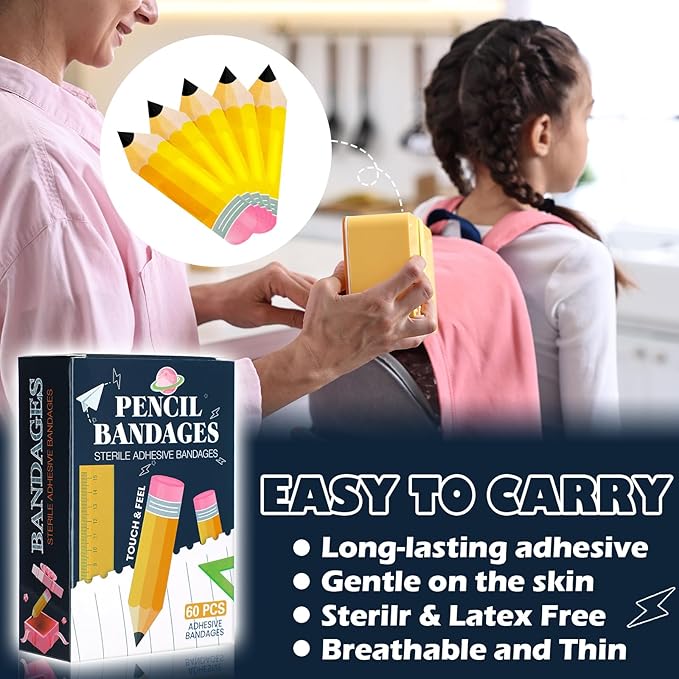 Geiserailie 60 Pcs Back to School Pencil Kids Bandages with Gift Box Self Adhesive Pencil Bandages for Minor Cuts Scrapes Fun First Aid Kit Graduation Gift First Day of School Classroom Party Supplies