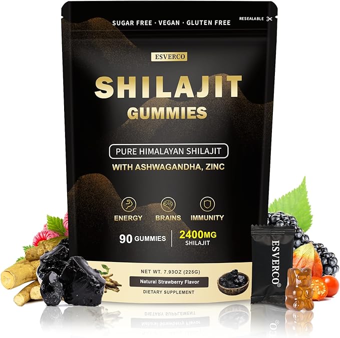 2400mg Pure Himalayan Shilajit Gummies with 2000mg Organic Ashwagandha Supplement for Men & Women, Extra Strength for Ehance Stamina, Immune Support, Vegan, for Adults, 90 Count