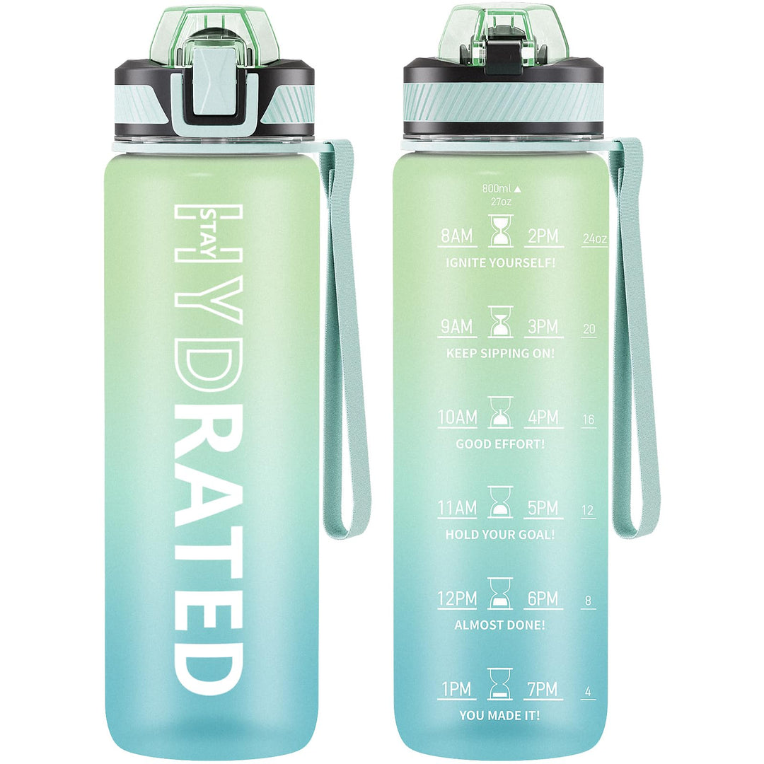 QLUR Water Bottle with Straw, 27 oz Motivational Water Bottles with Time Marker to Drink, Tritan BPA Free, 800ml Sports Water Bottle with Carry Strap LeakProof for School Fitness Outdoor (1Pack)