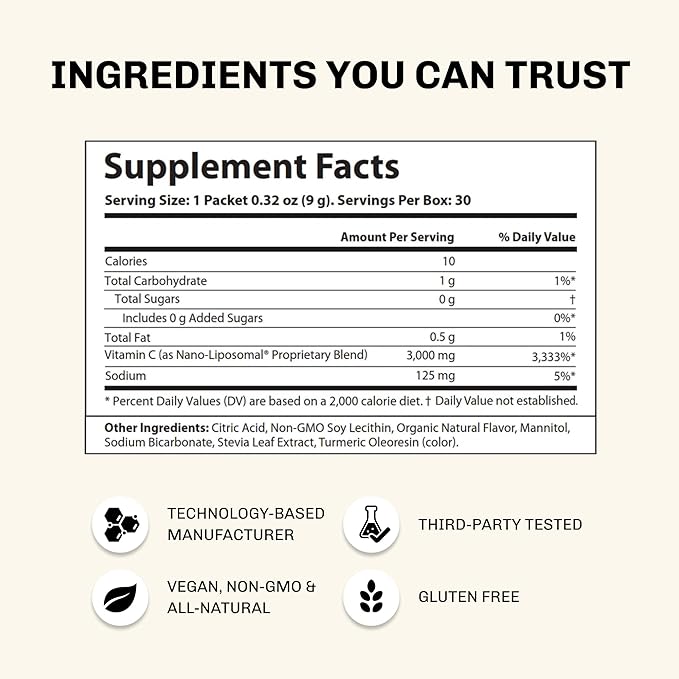 Aurora Nutrascience Nano-Pack Liposomal Vitamin C Powder Drink Mix, Immune Support, High Strength 3,000 mg Per Serving, 30 Single Serve Packets, Orange