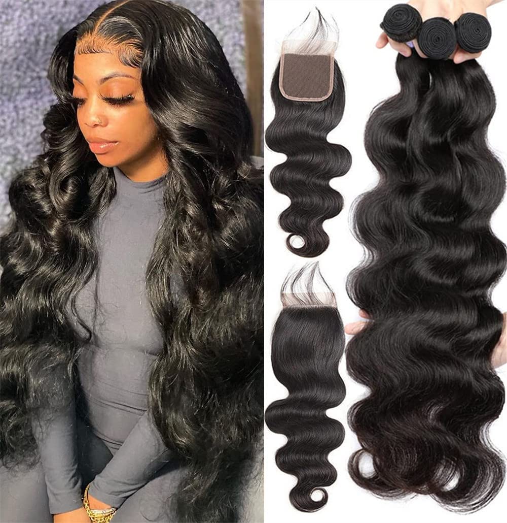 Yisea 12A Bundles With Closure For Black Women(18 20 22+16) 100% Unprocessed Brazilian Body Wave Human Hair 3 Bundles With 4X4 L