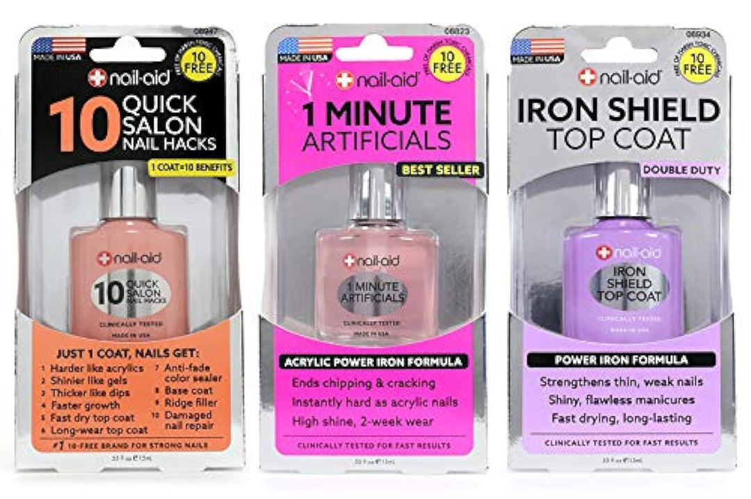 Nail-Aid 3Pk Of 10 Quick Hacks + 1 Minute Artificials + Iron Shield Top Coat, Clear, N/A, 1.65 Fl Ounce