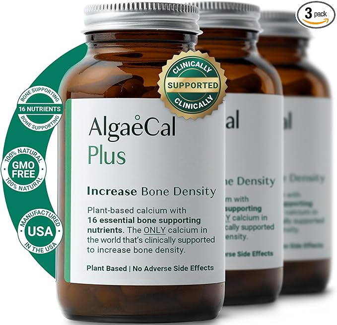 ALGAECAL Plus - Organic Red Algae Calcium Supplement, Vitamin K2 MK7 (100mg), Vitamin D3 (1600 IU), Magnesium (350mg) & Trace Minerals, for Bone Health & Strength, 120 Veggie Caps, 3 Pack