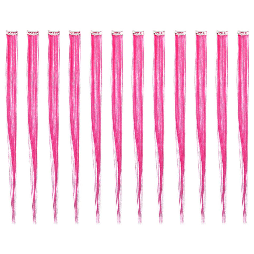 SWACC 12 Pcs Straight One Color Party Highlights Clip on in Hair Extensions Colored Hair Streak Synthetic Hairpieces (Neon Pink)