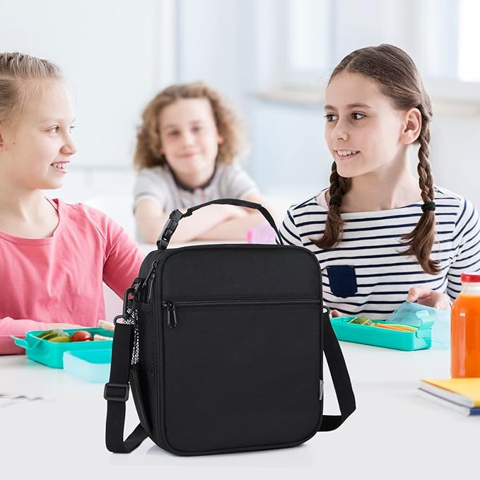Kids Insulated Lunch Box Bag, Thermal Picnic Cool Bags with Adjustable Strap for Adults Children Women Men Boys Girls School Work (Black)