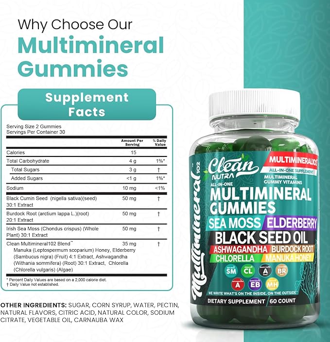 Clean Sea Moss Gummies | Black Seed Oil Ashwagandha, Elderberry, Burdock Root, Chlorella, Manuka Honey - Vegan Irish Sea Moss Gummy Vitamins For Adults Kids Men Women - Multimineral Green Apple Flavor